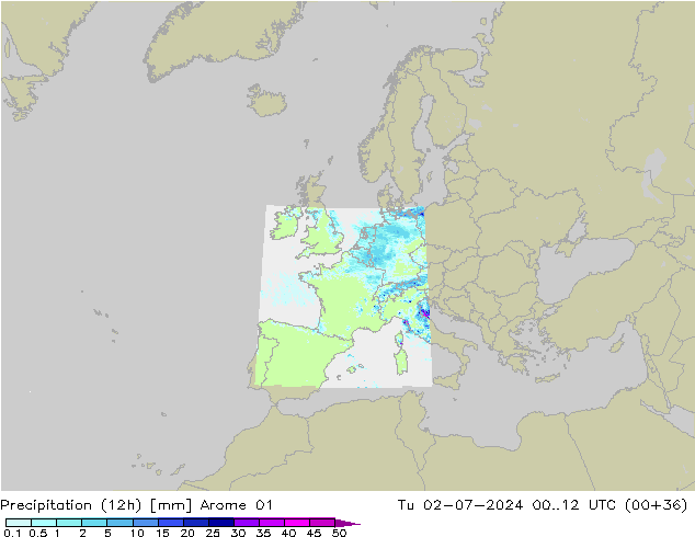 Totale neerslag (12h) Arome 01 di 02.07.2024 12 UTC