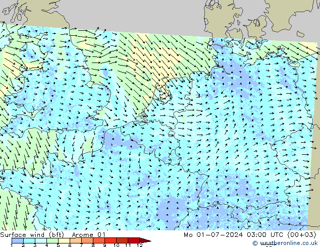 Wind 10 m (bft) Arome 01 ma 01.07.2024 03 UTC