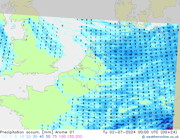Totale neerslag Arome 01 di 02.07.2024 00 UTC