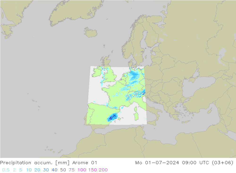 Totale neerslag Arome 01 ma 01.07.2024 09 UTC