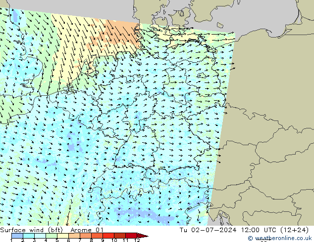 Wind 10 m (bft) Arome 01 di 02.07.2024 12 UTC
