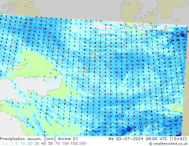 Totale neerslag Arome 01 wo 03.07.2024 06 UTC