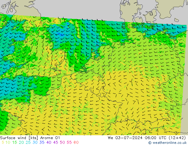 风 10 米 Arome 01 星期三 03.07.2024 06 UTC