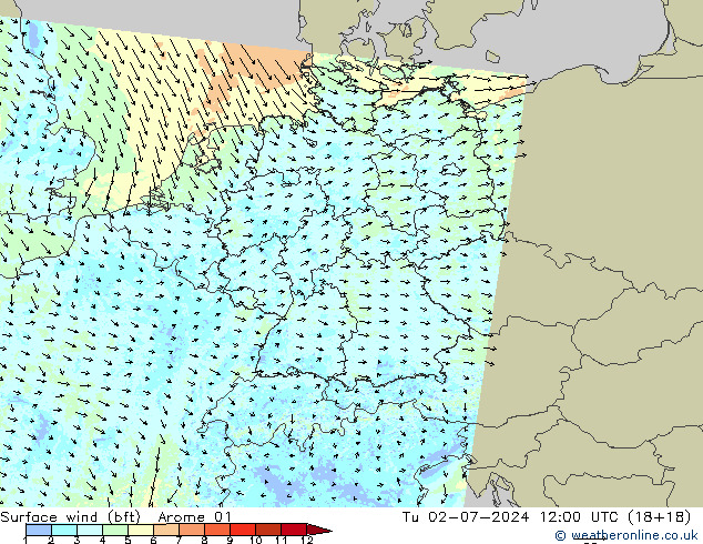 Wind 10 m (bft) Arome 01 di 02.07.2024 12 UTC