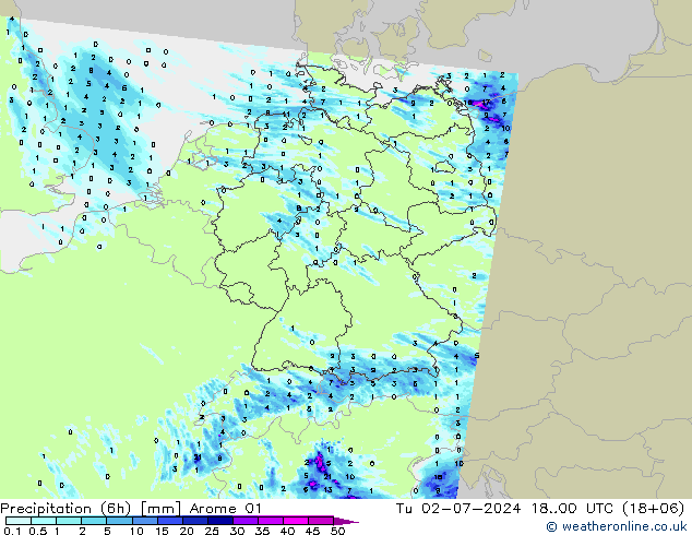 Totale neerslag (6h) Arome 01 di 02.07.2024 00 UTC