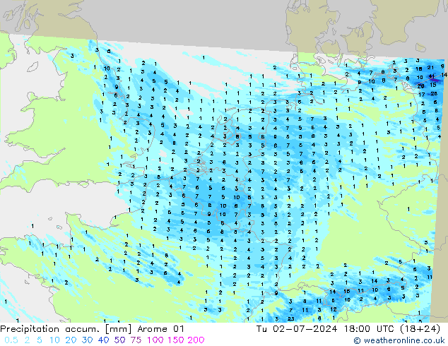 Totale neerslag Arome 01 di 02.07.2024 18 UTC
