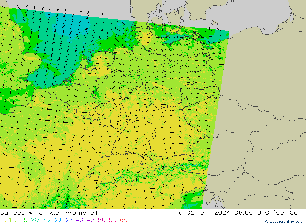 Wind 10 m Arome 01 di 02.07.2024 06 UTC