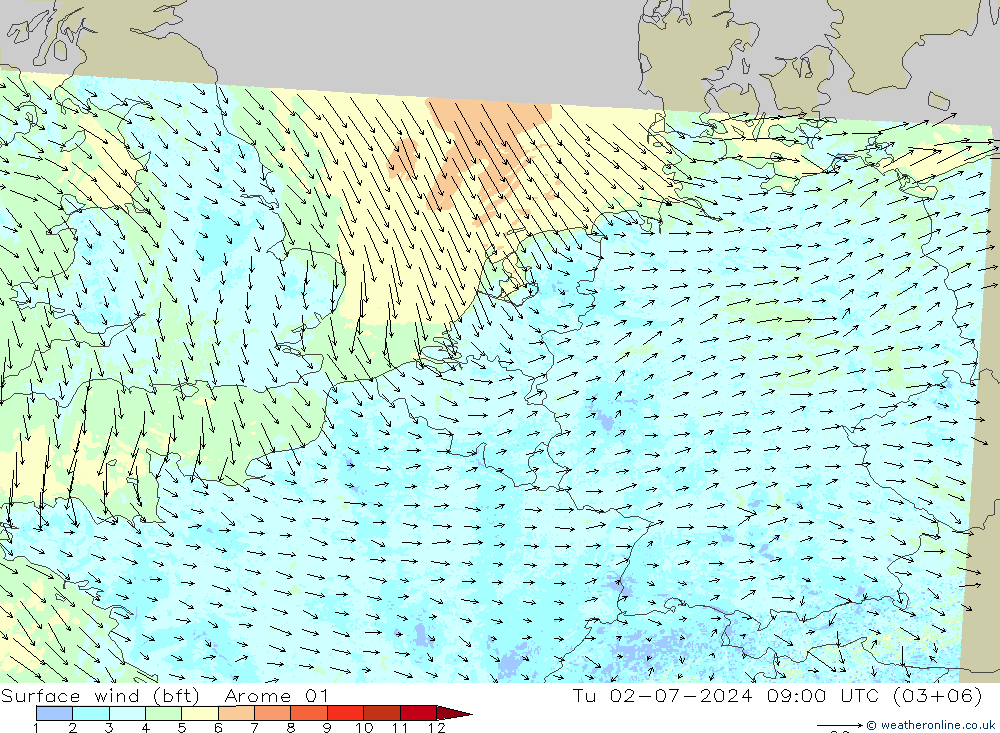 Wind 10 m (bft) Arome 01 di 02.07.2024 09 UTC