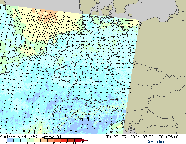 Wind 10 m (bft) Arome 01 di 02.07.2024 07 UTC