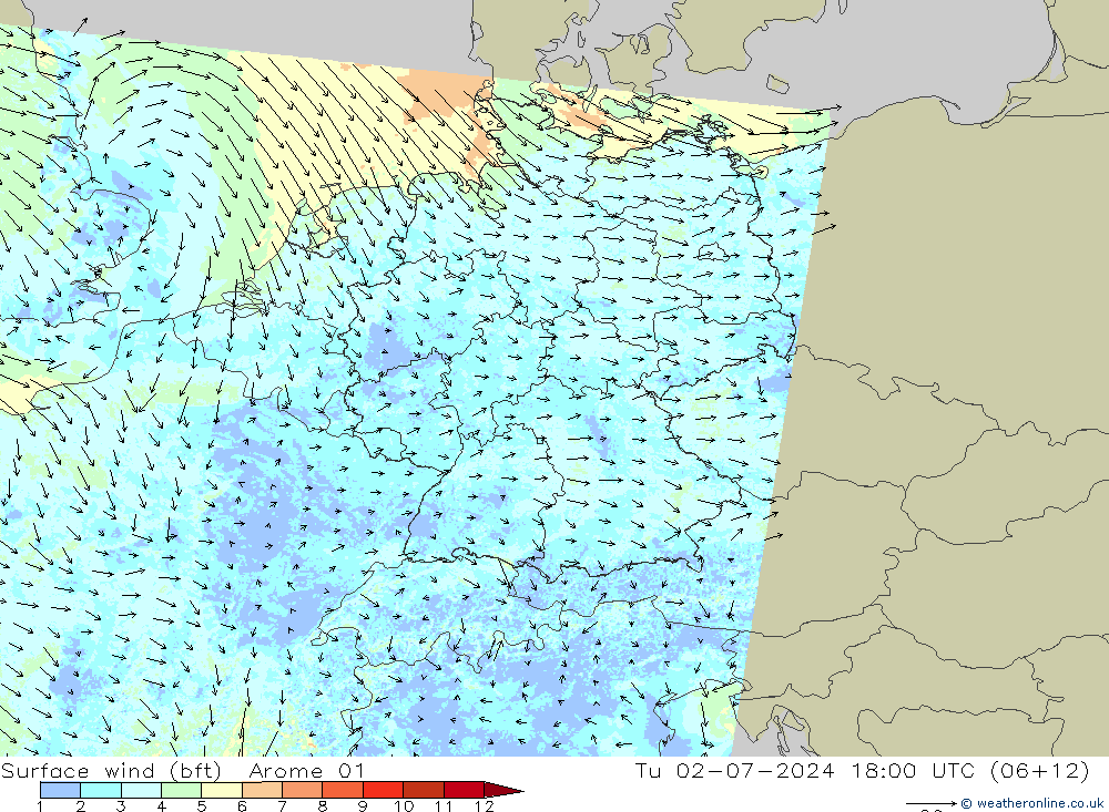 Wind 10 m (bft) Arome 01 di 02.07.2024 18 UTC