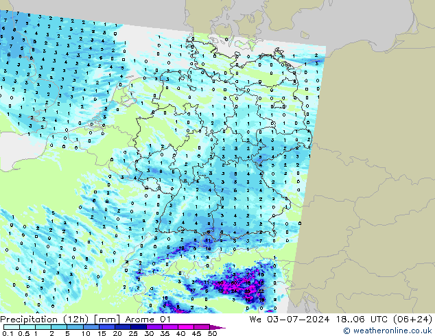降水量 (12h) Arome 01 星期三 03.07.2024 06 UTC