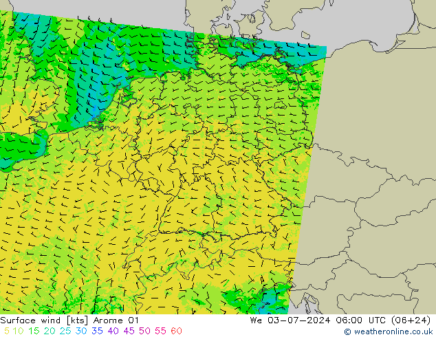 Wind 10 m Arome 01 wo 03.07.2024 06 UTC