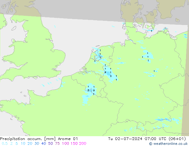 Precipitation accum. Arome 01 星期二 02.07.2024 07 UTC