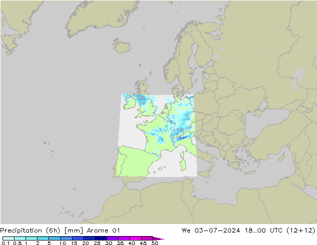 降水量 (6h) Arome 01 星期三 03.07.2024 00 UTC