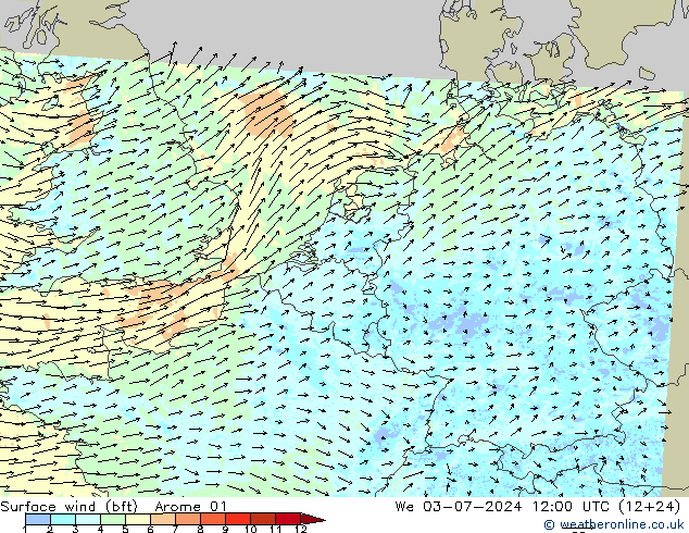Wind 10 m (bft) Arome 01 wo 03.07.2024 12 UTC