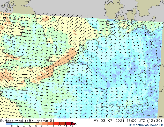 Wind 10 m (bft) Arome 01 wo 03.07.2024 18 UTC