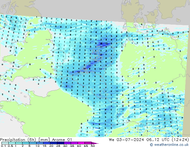 降水量 (6h) Arome 01 星期三 03.07.2024 12 UTC