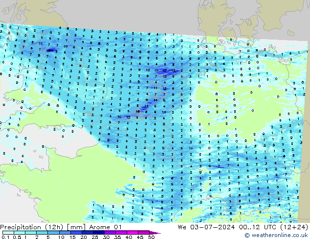 Totale neerslag (12h) Arome 01 wo 03.07.2024 12 UTC