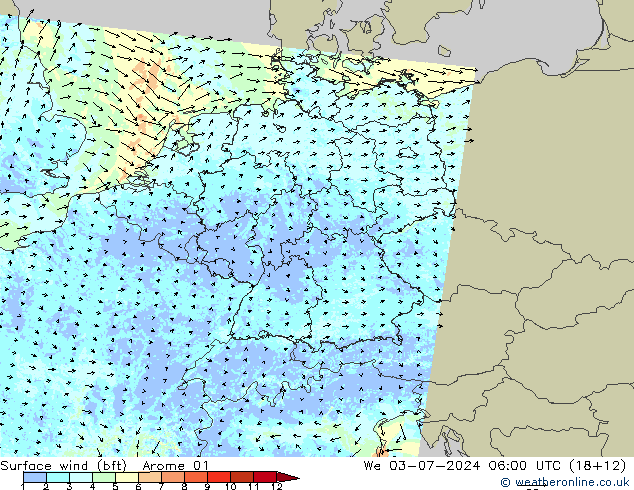 Wind 10 m (bft) Arome 01 wo 03.07.2024 06 UTC