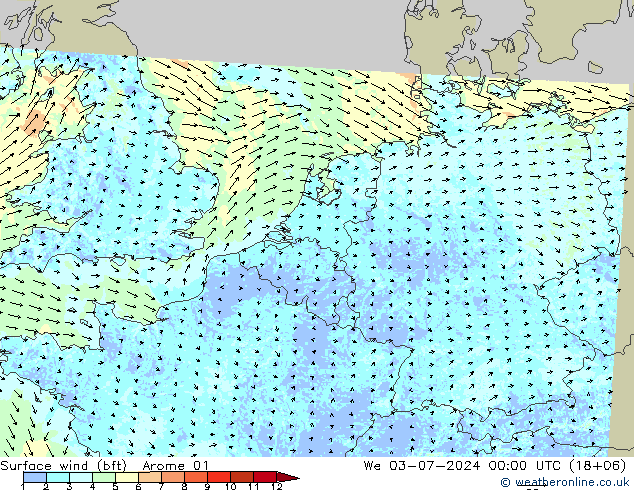 Wind 10 m (bft) Arome 01 wo 03.07.2024 00 UTC