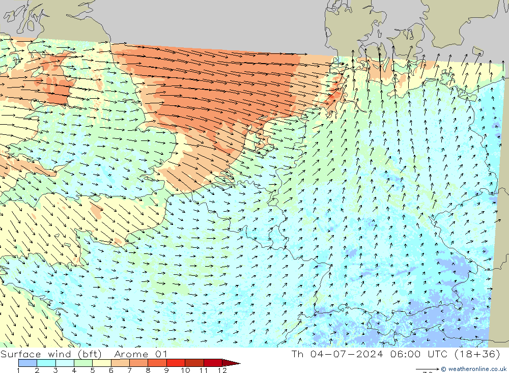 Wind 10 m (bft) Arome 01 do 04.07.2024 06 UTC