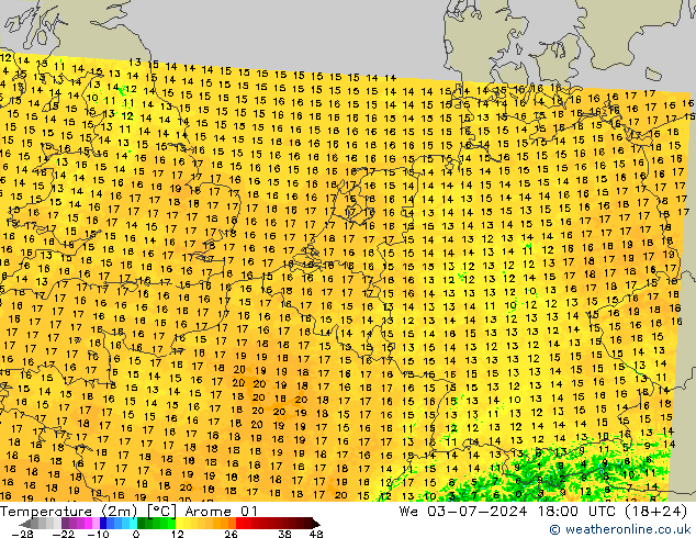 Temperatuurkaart (2m) Arome 01 wo 03.07.2024 18 UTC
