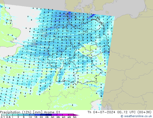 Totale neerslag (12h) Arome 01 do 04.07.2024 12 UTC
