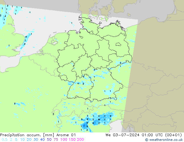 Totale neerslag Arome 01 wo 03.07.2024 01 UTC