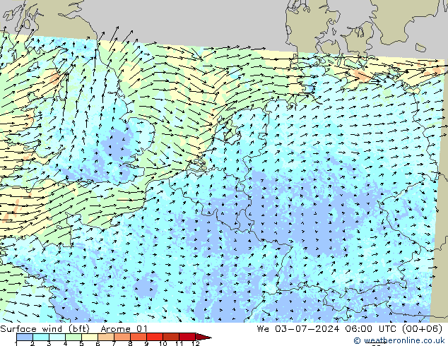 Wind 10 m (bft) Arome 01 wo 03.07.2024 06 UTC