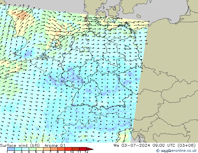Wind 10 m (bft) Arome 01 wo 03.07.2024 09 UTC