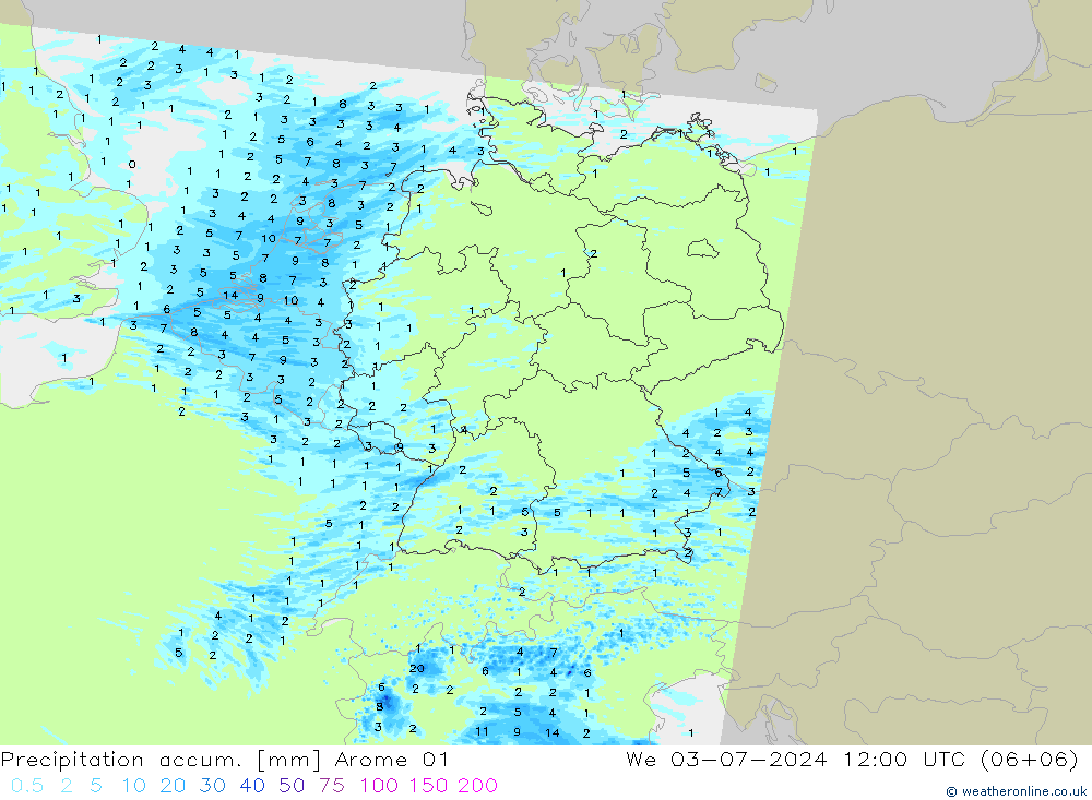 Precipitation accum. Arome 01 星期三 03.07.2024 12 UTC