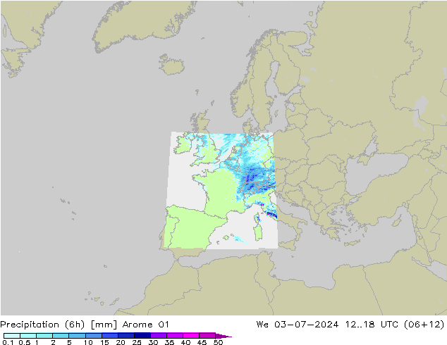 Totale neerslag (6h) Arome 01 wo 03.07.2024 18 UTC