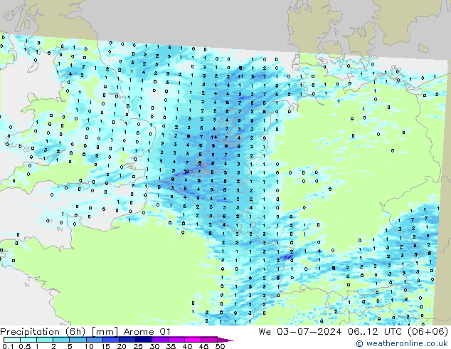 Totale neerslag (6h) Arome 01 wo 03.07.2024 12 UTC