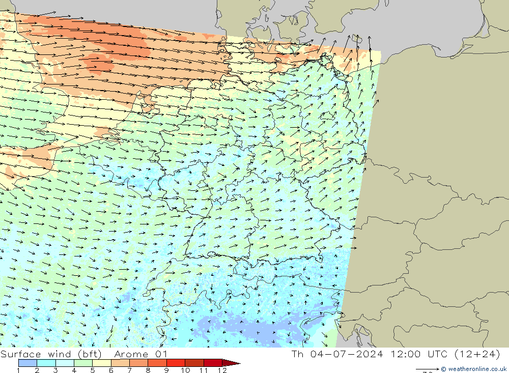 Wind 10 m (bft) Arome 01 do 04.07.2024 12 UTC