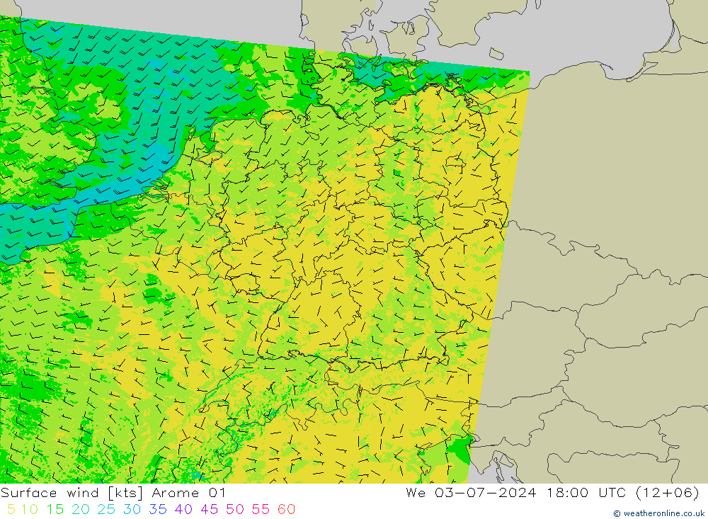 Wind 10 m Arome 01 wo 03.07.2024 18 UTC