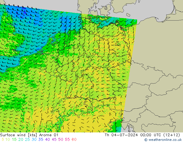 风 10 米 Arome 01 星期四 04.07.2024 00 UTC