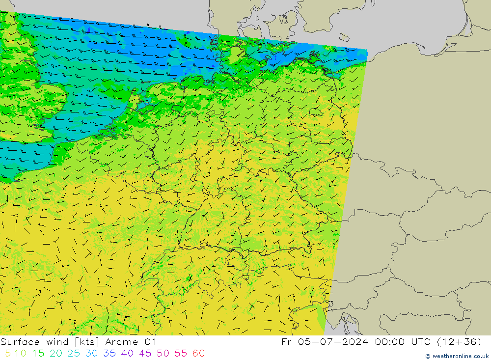 Wind 10 m Arome 01 vr 05.07.2024 00 UTC