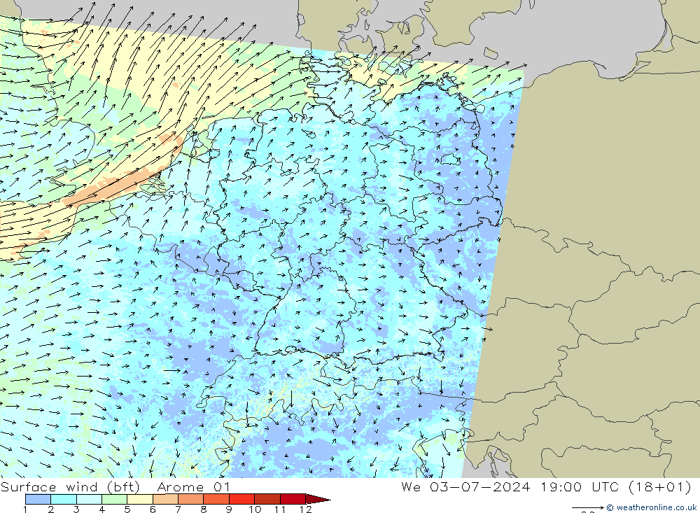 Wind 10 m (bft) Arome 01 wo 03.07.2024 19 UTC