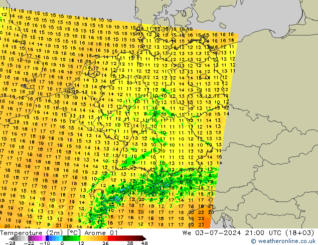 Temperatuurkaart (2m) Arome 01 wo 03.07.2024 21 UTC