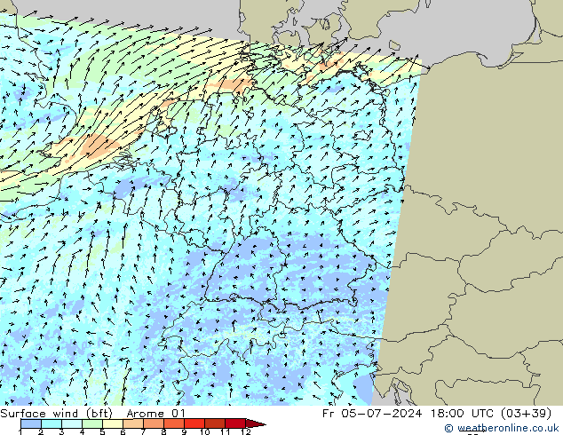 Wind 10 m (bft) Arome 01 vr 05.07.2024 18 UTC