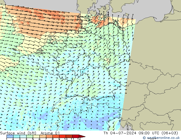 Wind 10 m (bft) Arome 01 do 04.07.2024 09 UTC