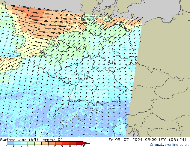 Wind 10 m (bft) Arome 01 vr 05.07.2024 06 UTC