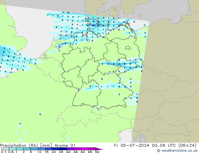 Totale neerslag (6h) Arome 01 vr 05.07.2024 06 UTC