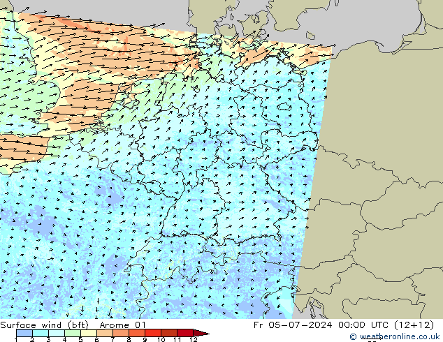 Wind 10 m (bft) Arome 01 vr 05.07.2024 00 UTC