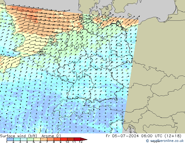 Wind 10 m (bft) Arome 01 vr 05.07.2024 06 UTC