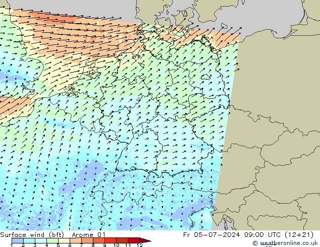 Wind 10 m (bft) Arome 01 vr 05.07.2024 09 UTC