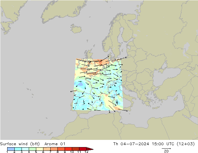 Wind 10 m (bft) Arome 01 do 04.07.2024 15 UTC
