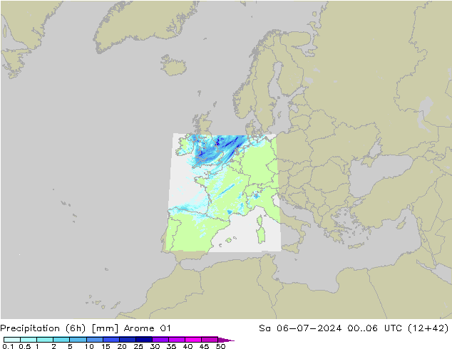 Totale neerslag (6h) Arome 01 za 06.07.2024 06 UTC
