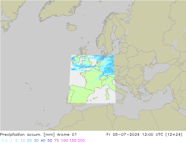 Precipitation accum. Arome 01 星期五 05.07.2024 12 UTC