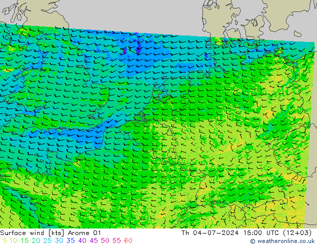 风 10 米 Arome 01 星期四 04.07.2024 15 UTC
